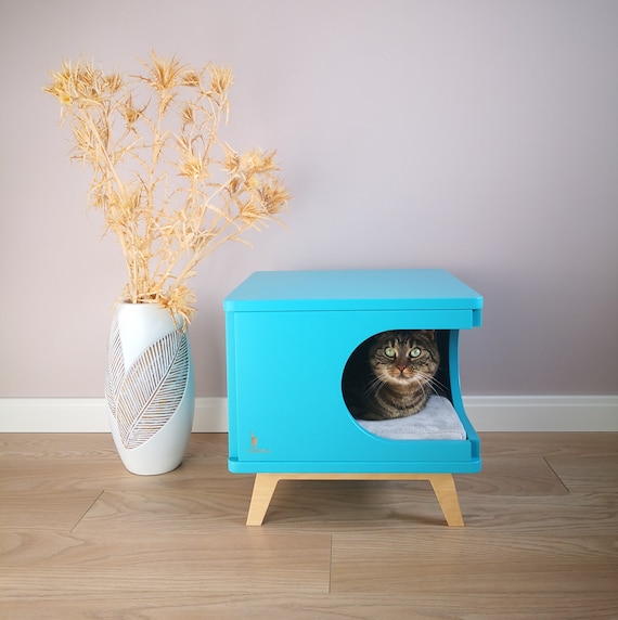 One of a Kind Bedside Cabinet Turquoise Blue Cat House Cat Bed Modern Cat Furniture Cat Cave Maison De Chat Katzenmobel Purrfur Etsy Canada