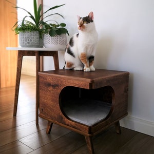 Elegante casa para gatos de madera contrachapada, acogedora cama para gatos hecha a mano Rustical Box Dark Oak de PurrFur imagen 9