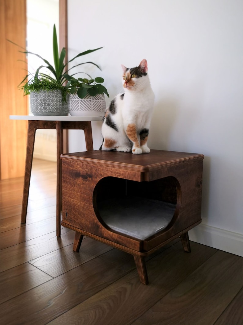 Elegante casa para gatos de madera contrachapada, acogedora cama para gatos hecha a mano Rustical Box Dark Oak de PurrFur imagen 9