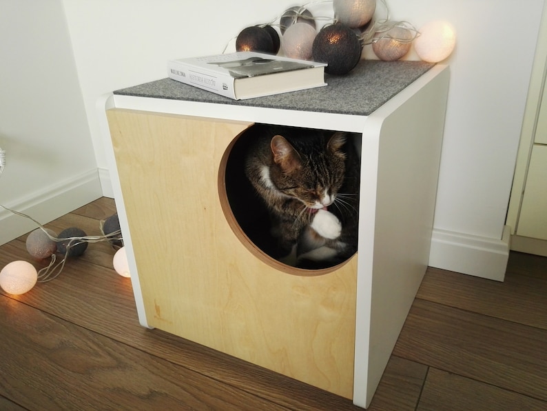 Cozy plywood cat house, modern design cat bed, gift for cat lover, safe cat cabinet,felt top, cat furniture, PurrFur image 4