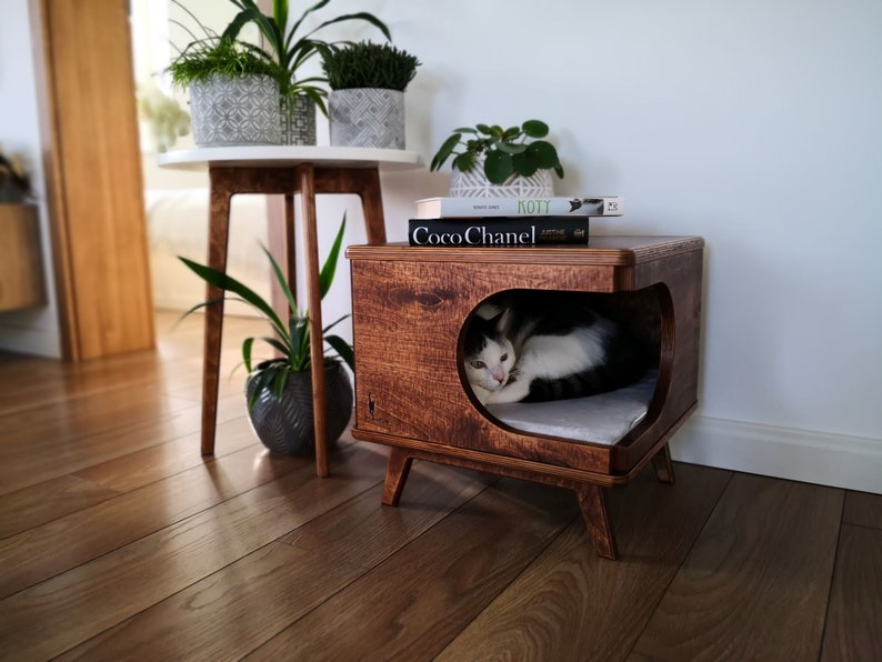 Elegante casa para gatos de madera contrachapada, acogedora cama para gatos hecha a mano Rustical Box Dark Oak de PurrFur imagen 8