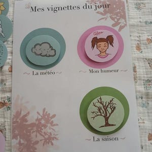 Puede incluir: Una tarjeta blanca con el texto "Mes vignettes du jour" e ilustraciones para el clima, el estado de ánimo y la estación. La ilustración del clima muestra una nube, el estado de ánimo una niña y la estación un árbol.