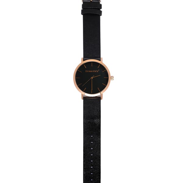 Montre en cuir, heure, montre ronde, montre minimaliste, or rose, noir, bracelet