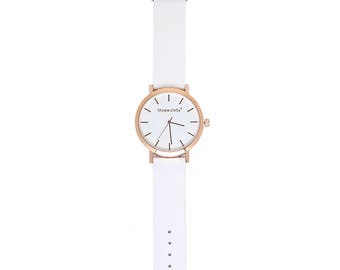Leather Watch, time, round watch, minimal watch, rose gold, white, band