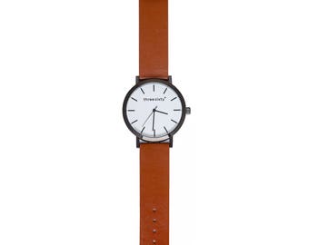 Leather Watch, time, round watch, minimal watch, white, black, band, tan