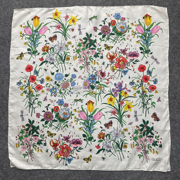 GUCCI 70's LUXURY BANDANA stunning floral design full printed white color women silky bandana gift idea free shipping rolled 26"x 27"