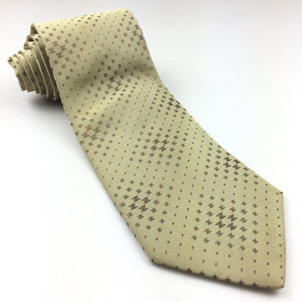 CELINE TIE RARE twill silk celine logo signature on geometric design repeat pattern men classsic style necktie on multi color made in ltaly