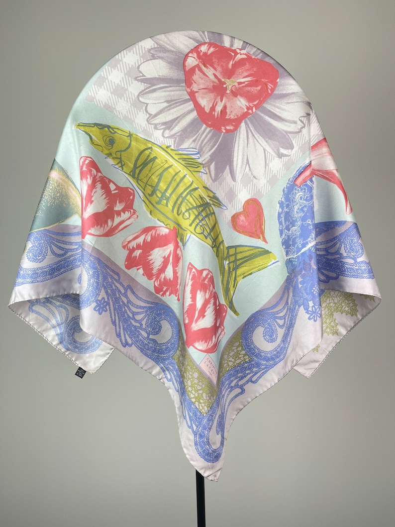 Foulard Carré Montana Paris 100% Soie 90x90 Cm - Motif Fleurs Géométrique Orange/noir - Neuf Avec étiquette