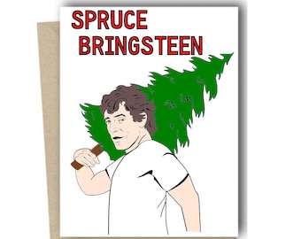 May include: Greeting card with the text "SPRUCE BRINGSTEEN" in red letters. The card features an illustration of a person carrying a green Christmas tree over their shoulder. The card is inside a brown envelope.