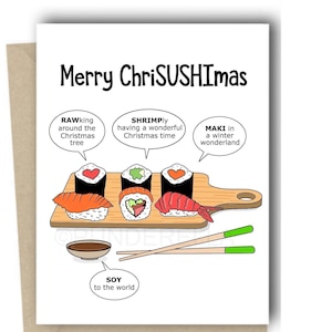 Cartão de Natal de Sushi Cartão de felicitações fofo Trocadilhos Maki Sashimi Roll Cartão de Natal