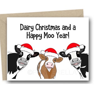 Kuh Weihnachtskarte - Bauernhof Tier Karte - Süße Kuh Karte Milch Weihnachten und ein glückliches Moo Jahr Grußkarte Niedliche Wortspiel Karte Gruß
