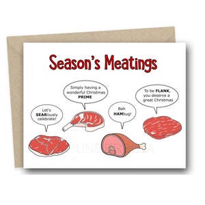 Cartão de Natal com Bife - Seasons Meatings - Chef Barbecue Dad Cook Trocadilhos Cartão de Saudações Comida Trocadilho