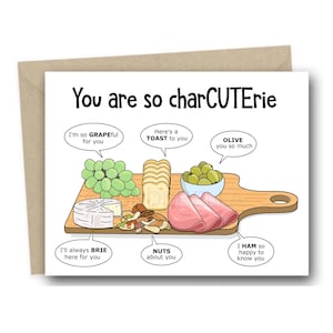 Tarjeta de felicitación romántica con embutidos y juegos de palabras Tabla de quesos Tarjeta divertida con embutidos, San Valentín divertido, juego de palabras, vino y queso, salami, prosciutto