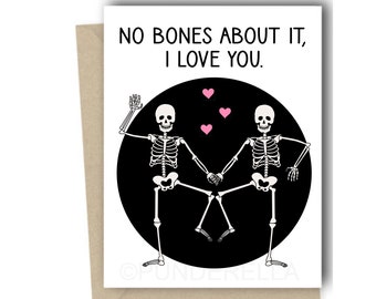 Tarjeta de aniversario gótica con huesos y calaveras para cumpleaños y San Valentín.