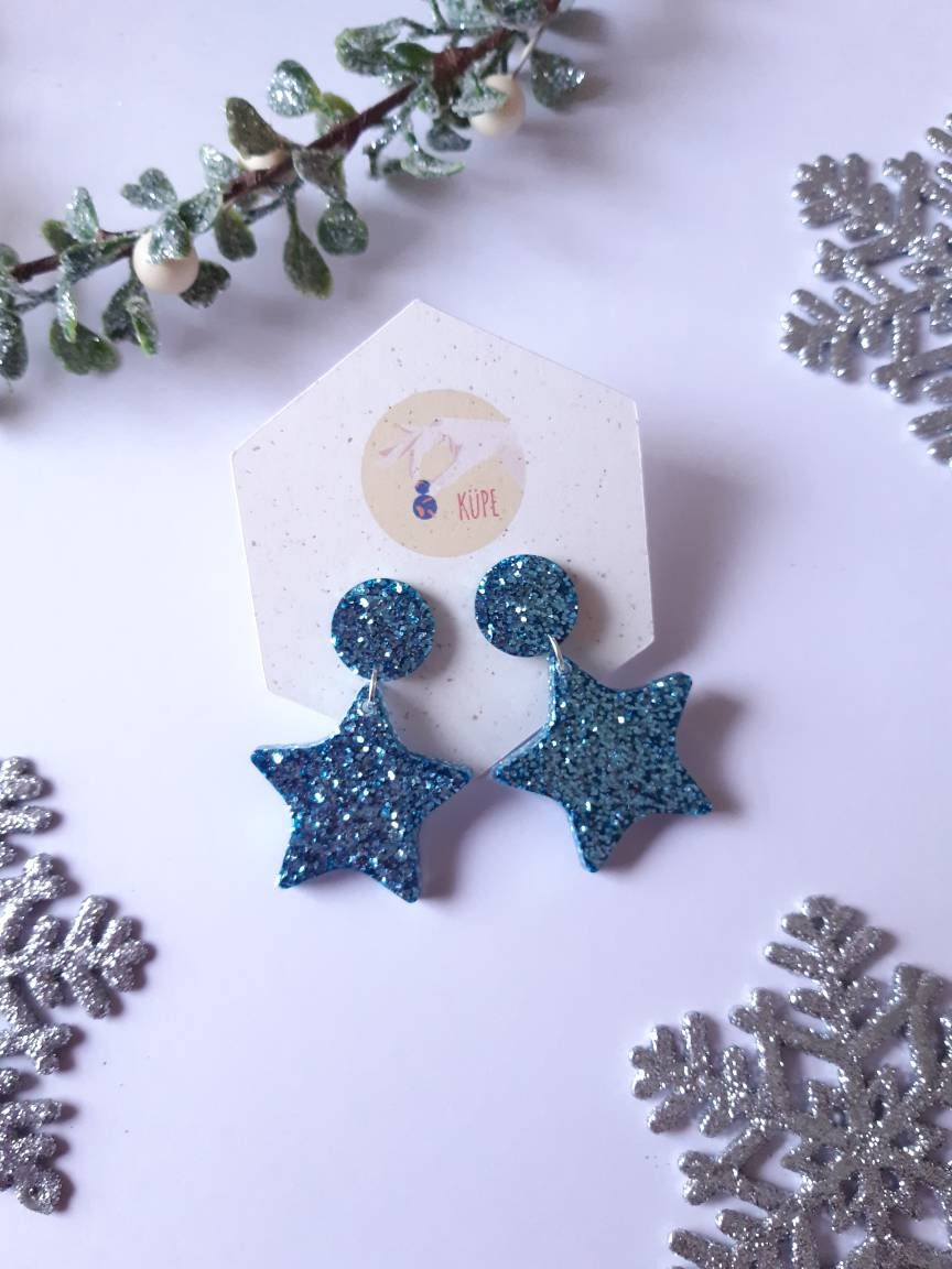 Ice Blue Stars Stud Back Dangle Earrings Festive Sparkle Handmade