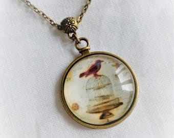 cabochon pictured bird cage necklace