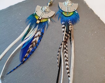 Monoboucle plumes XXL en plumes de paon et coq, labradorite et turquoise africaine, femme sauvage, boucle au choix #4