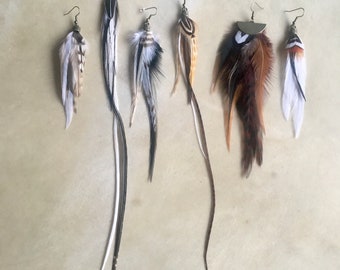 MONOBOUCLE- Long feather solo earring, boho/shaman style, natural feather earrings- brass attachment- loop of your choice #5