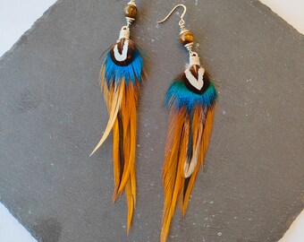 Pair of feather and tiger eye earrings, rooster and peacock feathers, shaman woman, silver brass fasteners