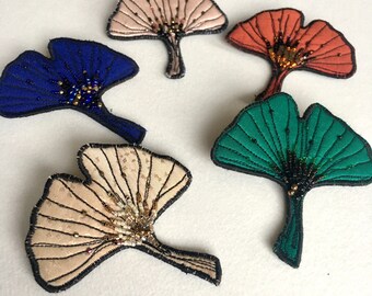 Ginkgo embroidered brooch of your choice, silk and felt textile jewel, ginkgo biloba sheet #2