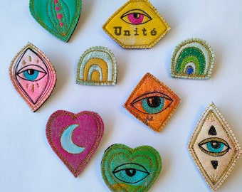 Poetic textile brooch, textile jewel, heart/eye/rainbow symbol, embroidered fabric brooch and felt of your choice