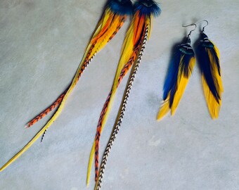 Paire de boucles d'oreilles plumes jaune, orange, bleu, paire au choix, plumes naturelles