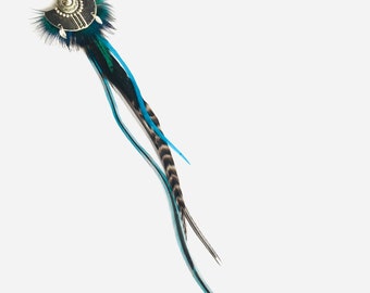 Blue XXL solo earring in ethnic/boho/shaman style feathers, unique long loop of natural feathers/ wild woman 02