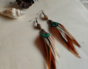 Pair of feather and labradorite earrings, wild woman, shaman/brown woman and ecru