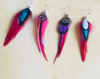 Long solo feather earring, boho/shaman style, natural feather buckles- silver fastener- buckle of choice pink tones