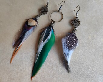 MONOLOOP- Solo feather earring, natural feather mono-loops- flower of life symbol, loop of your choice #26
