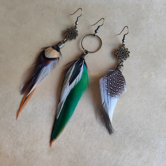 Boucle D'oreille Percée Solitaire à Plumes - Modèle 1359 - État Neuf, Style Bohème Ou Ethnique