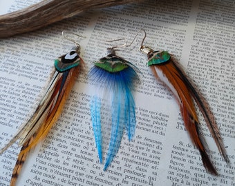 MONOBOUCLE- Boucle d'oreille solo en plumes de coq et paon, boucles de plumes naturelles colorées- attache argent- boucle au choix #37