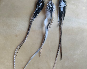 Long black and white feather solo earring, boho/shaman style, natural feather rings- silver attachment- loop of your choice #24
