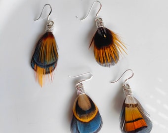 Small solo earring in ethnic chic feathers - chamnic, midnight blue and orange natural feather earrings - loop of your choice #20