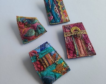 Brooch embroidered talisman textile art, silk and lace