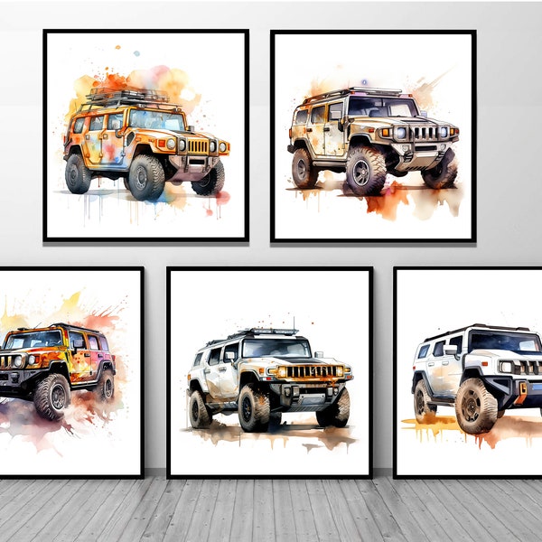 Watercolor Hummer Set of 5 Prints .PNG, Wall Art Decor Print, Instant Download, Digital Download, Porsche print, Digital Car Poster, Car Art