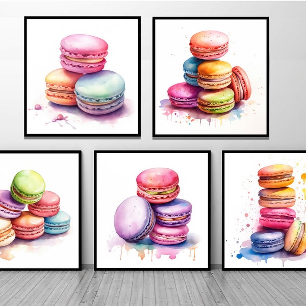 Macarons aquarelle ensemble de 5 tirages. PNG, Wall Art Decor impression, téléchargement immédiat, téléchargement numérique, Macaron Wall Art, Macaron peinture