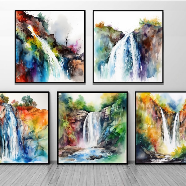 Ensemble de cascade aquarelle de 5 tirages, tirages Wall Art Decor, téléchargement numérique, téléchargement immédiat, Art de la cascade, peinture de la cascade