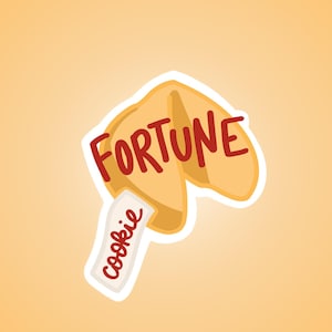 Peut inclure: Illustration de dessin animé d'un biscuit chinois avec le mot "FORTUNE" en lettres rouges sur le biscuit. Une petite bande de papier avec le mot "cookie" sort du biscuit.