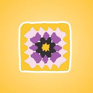 Peut inclure: Un motif carré au crochet présentant une forme centrale de fleur jaune entourée de couches de pétales noirs, violets et rose clair, le tout encadré par une bordure jaune vif à bords festonnés, avec un contour blanc.