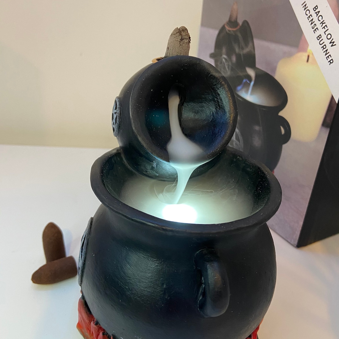 Pouring cauldron backflow incense cone burner with flame and Etsy