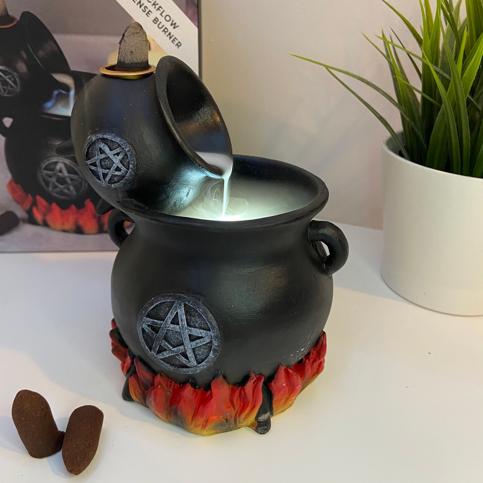 Pouring cauldron backflow incense cone burner with flame and Etsy