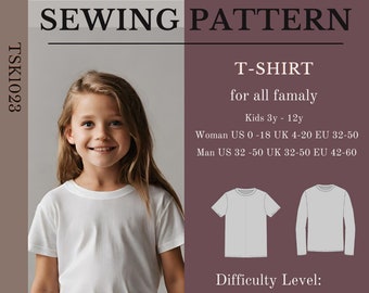 T-Shirt Sewing Pattern bundle. Short & Long Sleeve unisex t-shirt for Women, Men, Kids.