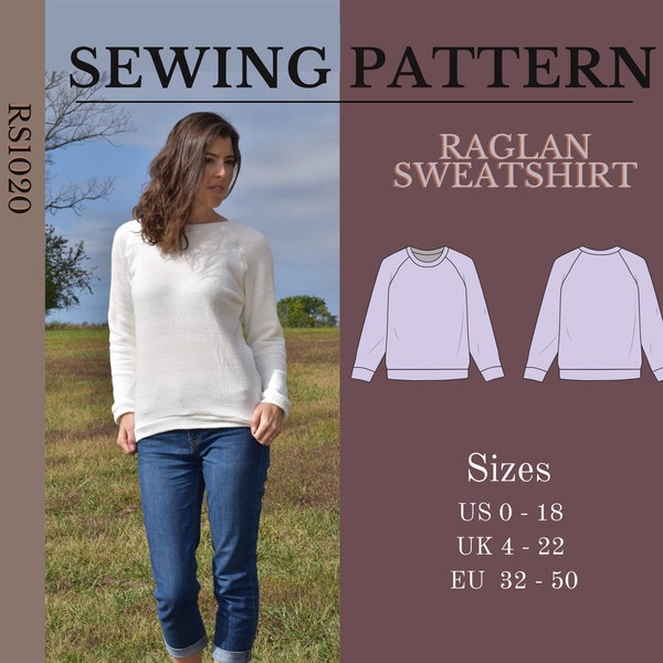 Raglan sewing pattern, long sleeve crew neck sweatshirt for woman and ladies. Easy pullover sewing pattern for beginner.