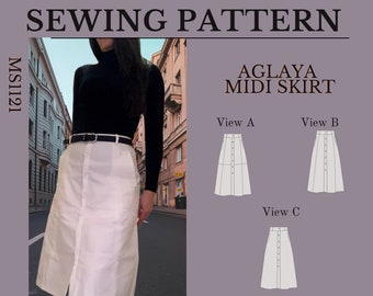 Long skirt sewing pattern  with pockets and buttons - down  front.