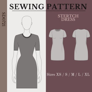 Stretch dress sewing pattern pdf. The dress pattern is with short sleeves. Easy sewing pattern for holiday dress.