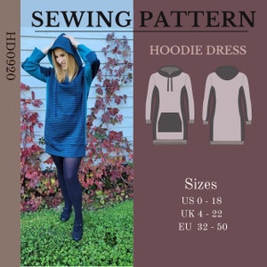 Hoodie dress pattern with side yoke in pdf format. Suitable for home printing, copy shop, and sewing with a projector. Easy sewing pattern.