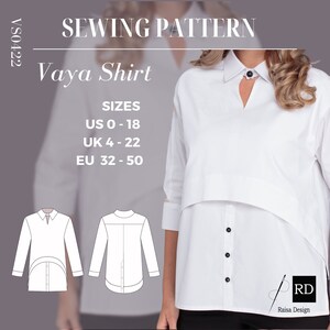 May include: Sewing pattern for a Vaya Shirt, sizes UK 4-22, US 0-18, EU 32-50. The pattern includes a front and back view of the shirt.