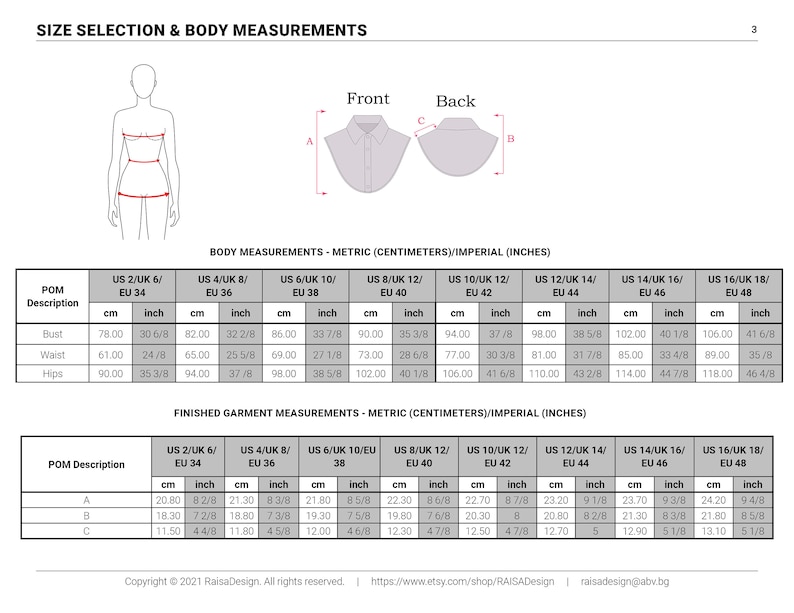 size chart bib pattern
