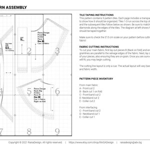 May include: A black and white sewing pattern for a garment with instructions for assembling the pattern pieces. The pattern includes nine tiles that are numbered 1 through 9. The pattern is labelled "Pattern Assembly".